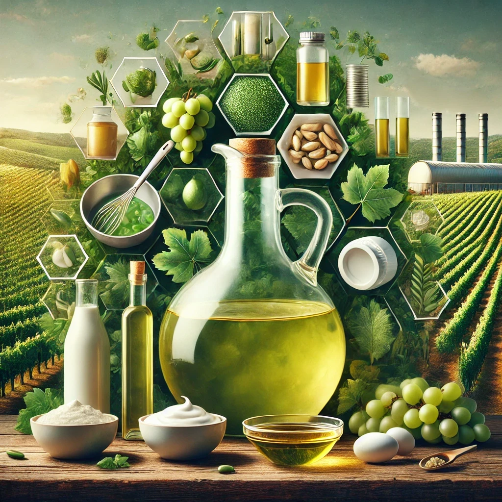 An eco-friendly image showcasing VinoProd's Crude Grapeseed Oil in a glass container at the center. Surrounding the oil are visual representations of its applications: a frying pan and salad bowl for high-temperature cooking oils, salad dressings, and marinades; a lotion bottle, moisturizer, and shampoo for cosmetics; vitamins and an emollient for topical cream in pharmaceuticals. The background blends lush vineyards and green fields with subtle industrial elements, symbolizing sustainability, eco-friendliness, and refinement.
