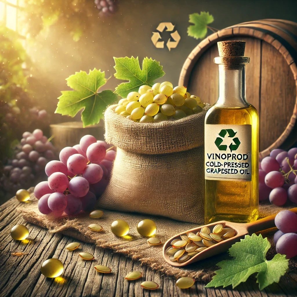 VinoProd Cold-Pressed Grapeseed Oil bottle surrounded by freshly harvested grapes and grape seeds in a natural setting. The image highlights VinoProd's commitment to sustainability and high-quality oil production, featuring eco-friendly symbols and a rustic, vineyard-inspired background with a wooden barrel. Ideal for promoting premium cold-pressed grapeseed oil and eco-conscious production methods.