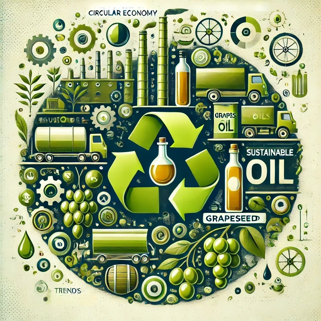 Graphic accompanying a blog post about the future of sustainable oils. The image features green circular economy symbols, grapeseed clusters, and oil bottles, representing the focus on grapeseed oil as a sustainable product. Industrial icons are included to emphasize the B2B aspect of the topic. The design uses natural tones, primarily green and earthy hues, to highlight the eco-friendly and business-oriented message. The overall look is clean and professional, reflecting themes of sustainability and circular economy.