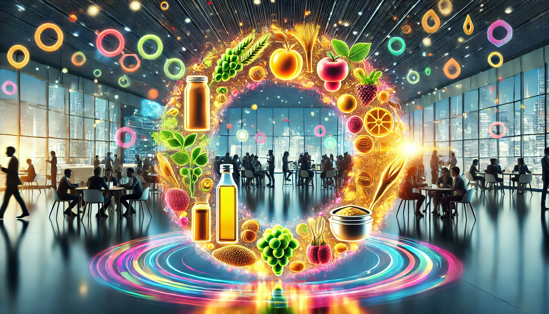 An artistic representation of sustainability and circular economy in the food industry. The image features a glowing circular cycle showcasing grapes, seeds, and oil transforming into products like cooking oil bottles and cosmetics. In the background, a modern exhibition hall is depicted with people engaging in discussions and colorful product displays, reflecting innovation and collaboration in the food ingredients sector