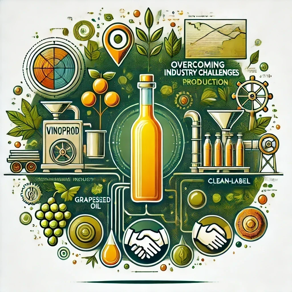 Professional, vibrant graphic accompanying a blog post about VinoProd's leadership in sustainable grapeseed oil production. The design features key elements such as a glowing bottle of premium grapeseed oil, healthy grape clusters, a map icon symbolizing traceability, clean-label icons representing food, cosmetics, and pharmaceuticals, advanced machinery for cold-pressing, and a handshake to signify collaboration. The word 'TRACEABILITY' is prominently displayed, emphasizing its significance in sustainability and supply chain transparency. The color palette includes natural tones like green, golden yellow, and earthy hues to convey themes of sustainability, quality, and innovation